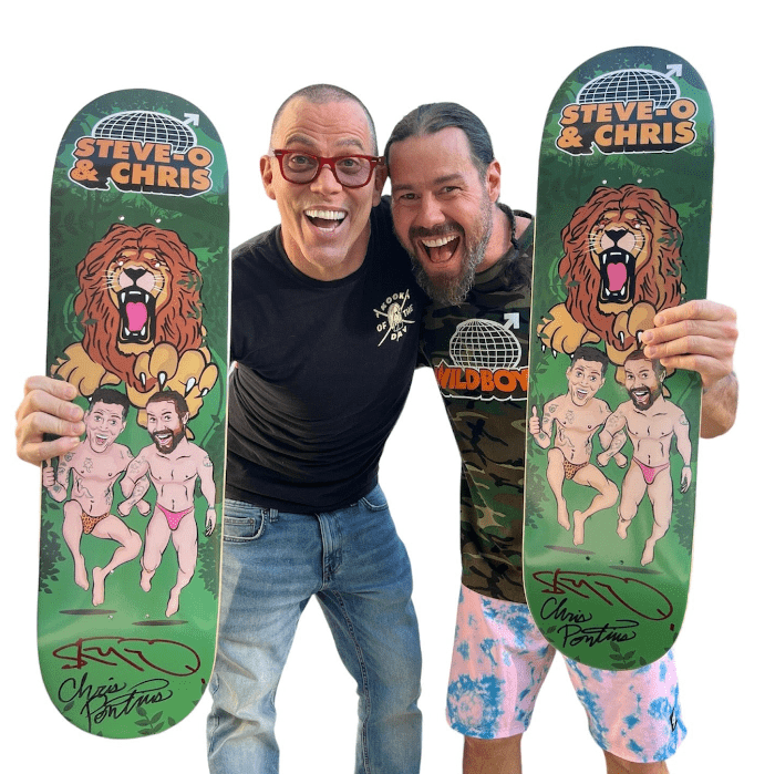 Steveo and Chris Pontius holding skateboards