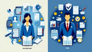 differences between an accountant and a cpa. each figure is surrounded by financial documents, with the cpa figure also featuring a prominent badge or certification mark to symbolize their status.