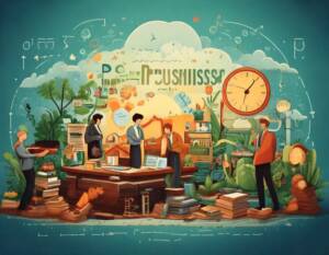 People on a sort of island with a desk and piles of books and a clock; there are clouds and formulae in the sky. 