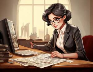 Cartoon image of a woman in business attire sitting at a desk with a computer and books on it, looking at papers; behind her, a city skyscape is seen through the window. 