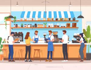 Cartoon-style image of six people in a cute coffee shop with a blue striped awning; one is behind the counter, the others are in front of it, and some of these are holding clipboards or various accounting aids. 