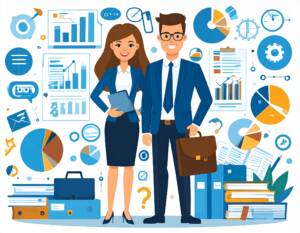 Woman and man dressed in business attire stand, surrounded by books, charts, and other work-related accoutrements. 