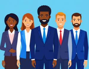 Five diverse people in business attire stand in formation. 