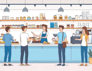 Cartoon-style image of five people in a cozy shop with hanging lights and goods on open shelves behind the counter, where a woman is serving customers. 