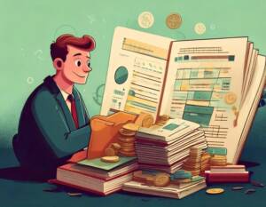 Man wearing a suit with a large open book, probably a ledger, in front of him. Also on the table are piles of books, files, papers and money. 