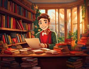 A girl is sitting in a cozy office at a desk full of books, looking at a piece of paper. Behind her there is a bookshelf on the left and a tall window on the right. 