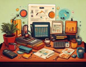 Cartoon-style image of calculators, charts and other financial accoutrements on and around a desk. 