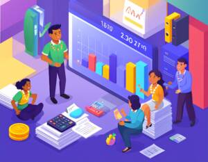 Cartoon-style image of five people sitting and standing amongst and on piles of paper, calculators and other financial paraphernalia, and in front of a large bar graph. 