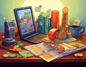 A desk with piles of paper, stacks of money, a digital device with charts--generally a whole lot of financial paraphernalia all across its surface. 