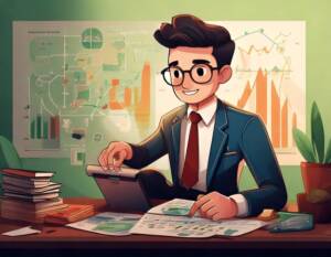 Cartoon of young man with dark hair and glasses and wearing a suit, at a desk with books, papers, and other office items. Behind him there are charts and graphs on the wall, and a cute plant in the right corner.
